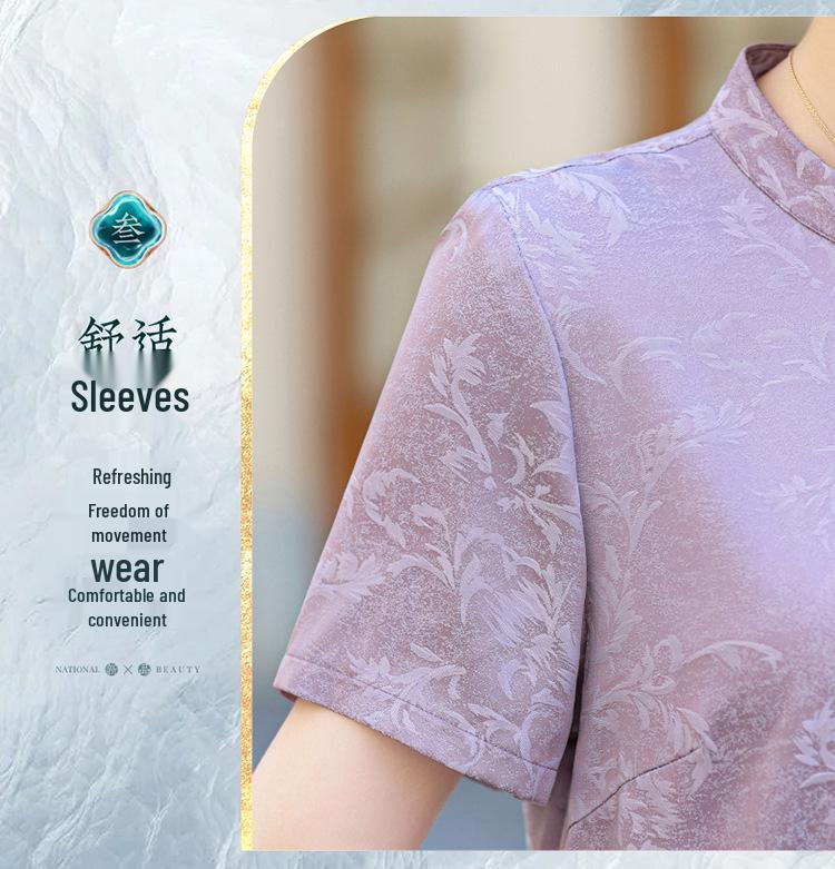 Summer Short-Sleeved Faux Silk Qipao Dress for Middle-Aged and Elderly Women