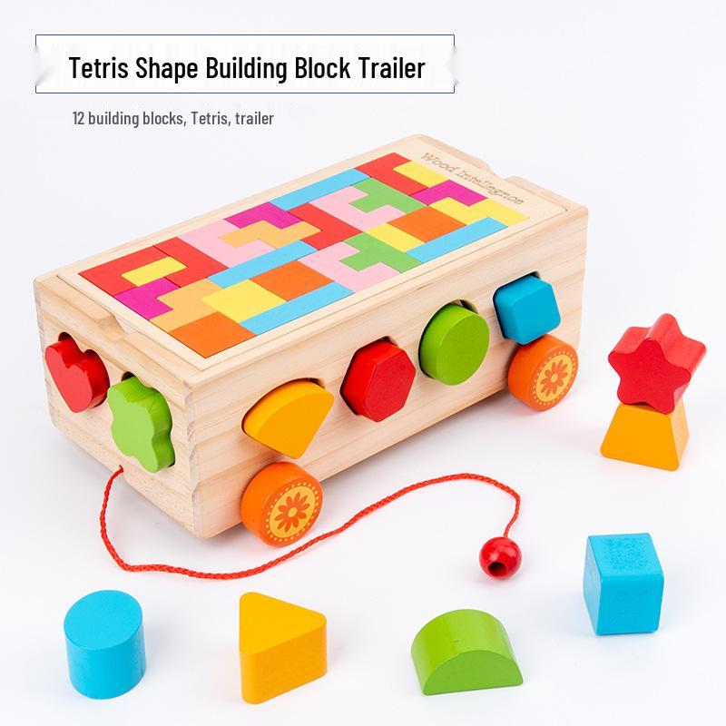 Wooden Educational Pull-Along Toy Car with Shape Matching and Colorful Geometric Blocks