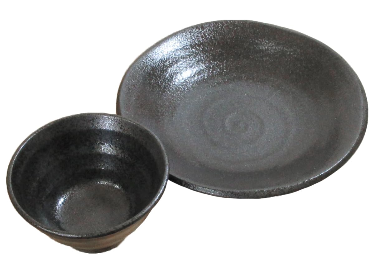 

Tsukemen Set: 14cm Bowl and 24cm Deep Plate with Black Yuzu Swirl Pattern, Mino Ware, Japanese Tableware