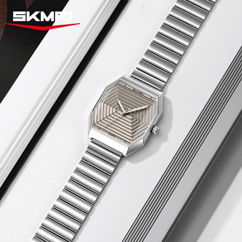 Skmei 9393 Unique Famous Mens Quartz Watch Stylish Stainless Steel Band Square Special Design Casual Wrist Watch