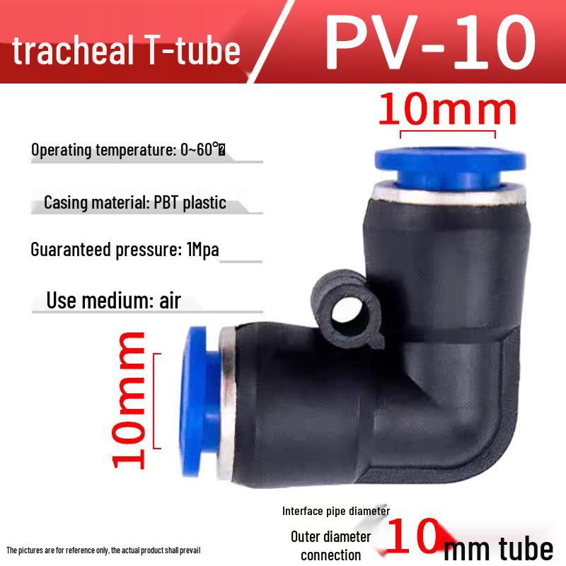 Pneumatic Air Tube Connector: PU8 Straight, PV10 Right-Angle Elbow, Quick-Insert, Butt Joint, Blue Plastic, PG6-4 Reducer.