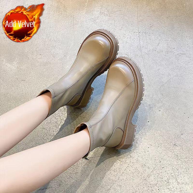 Round Toe Chunky Woman Short Shoes Autumn Winter Leather Waterproof Booties Fleece-Lined Ankle Boots for Women High Quality Boot