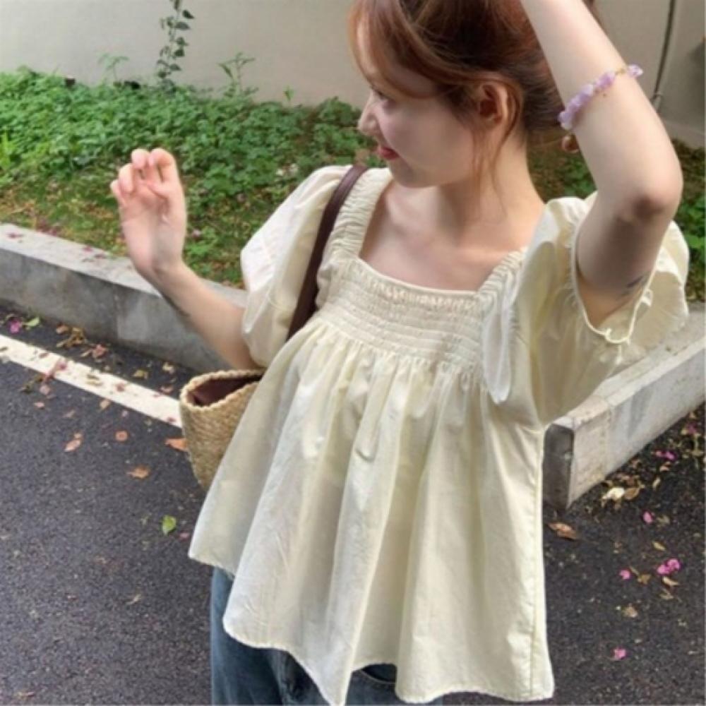 New Arrivals Open Run Women Smocked Banding Flare Short Sleeve Blouse Square Ne