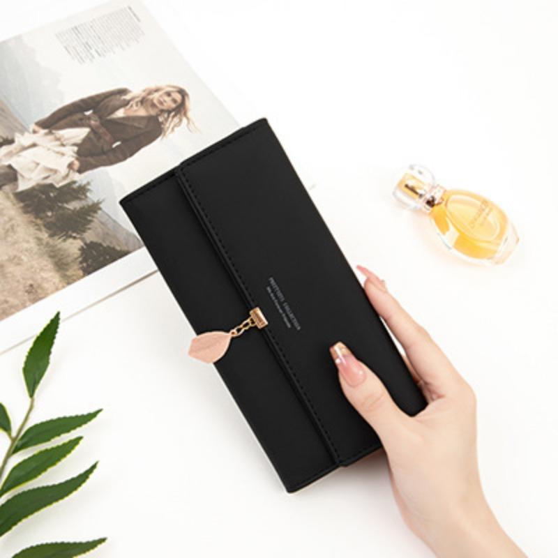 Women Long Wallet Korean PU Leather Leaf Pendant Tri-fold Bag Multi Function Clutch Large Capacity