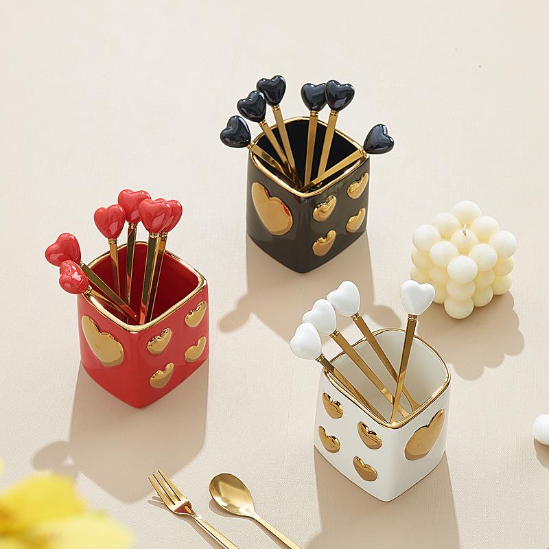 Luxury Gold-plated Ceramic Fork and Spoon Storage Jar Stainless Steel Fruit Fork and Spoon Box Modern Heart Ceramic Storage Jar