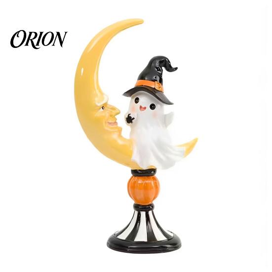 Festive Holiday Tabletop Pieces Halloween Ghost And Moon Resin Ornaments, Cute Spooky Figurine, Seasonal Room Decor Items Statue with Pumpkin Elements