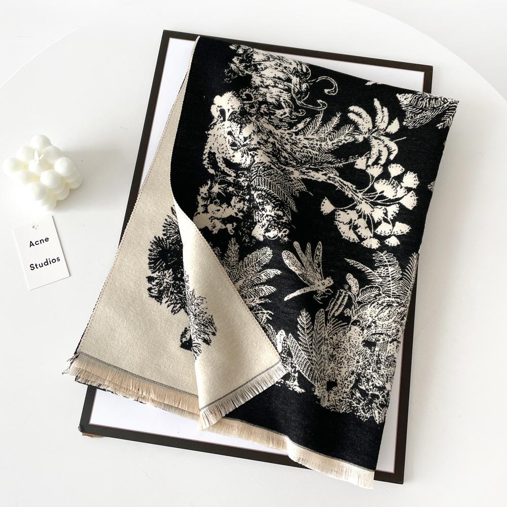 Jacquard landscape painting imitation cashmere scarf for women's office air-conditioned room thick and warm long trendy scarf