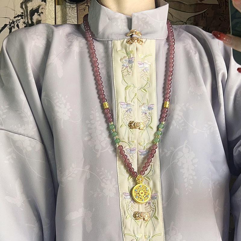 Ethnic Style Hollow Carved Lucky Bag Pendant Green Imitation Jade Handmade Beaded Long Necklace