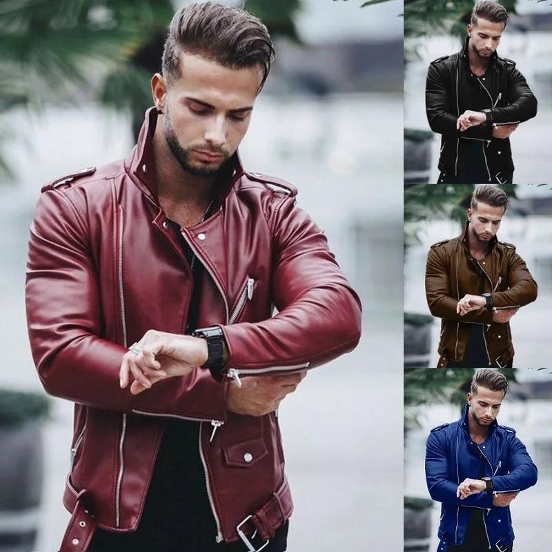 Nuovo Cappotto in Pelle PU da Uomo Autunno e Inverno Taglia Grande Collo Stretto Moda Slim Zip Giacca in Pelle