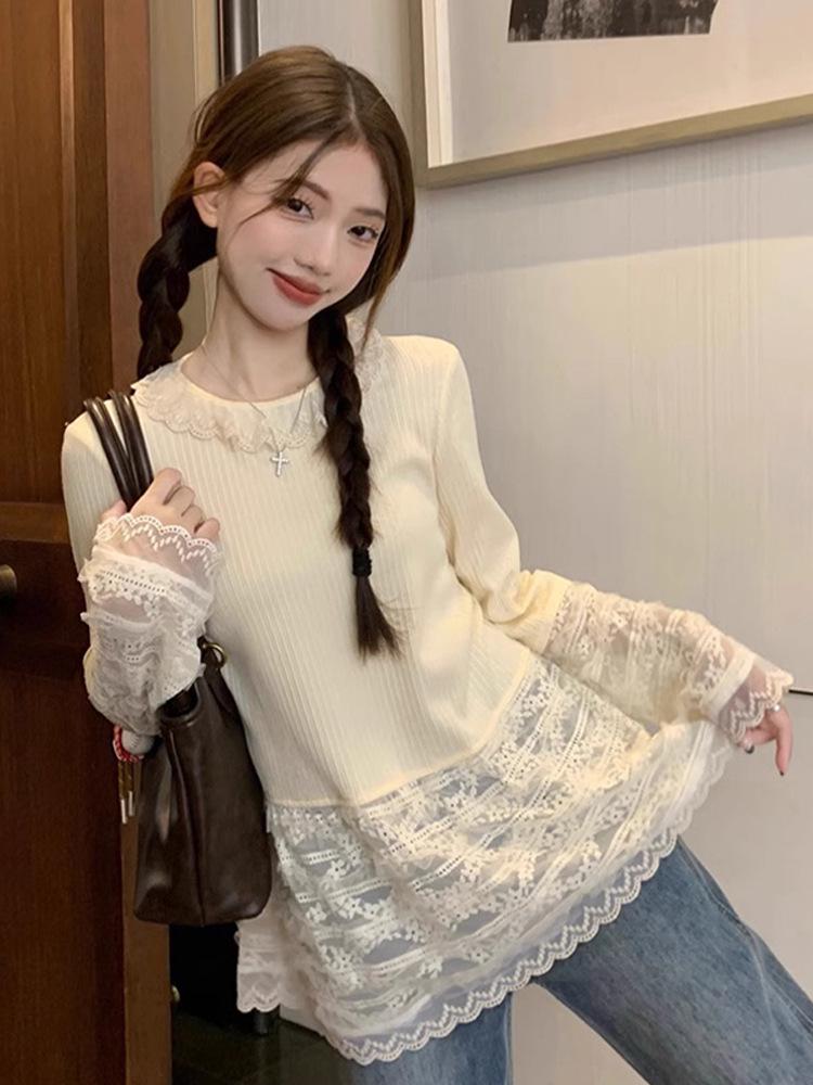 Women's Slimming Waist-Hugging Lace Patchwork Top for Autumn/Winter