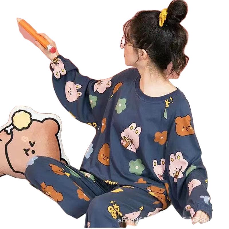 Women's Long-Sleeve Cartoon Pajama Set - Cute Korean Style Homewear for Autumn, Winter, Spring - Plus Size Available