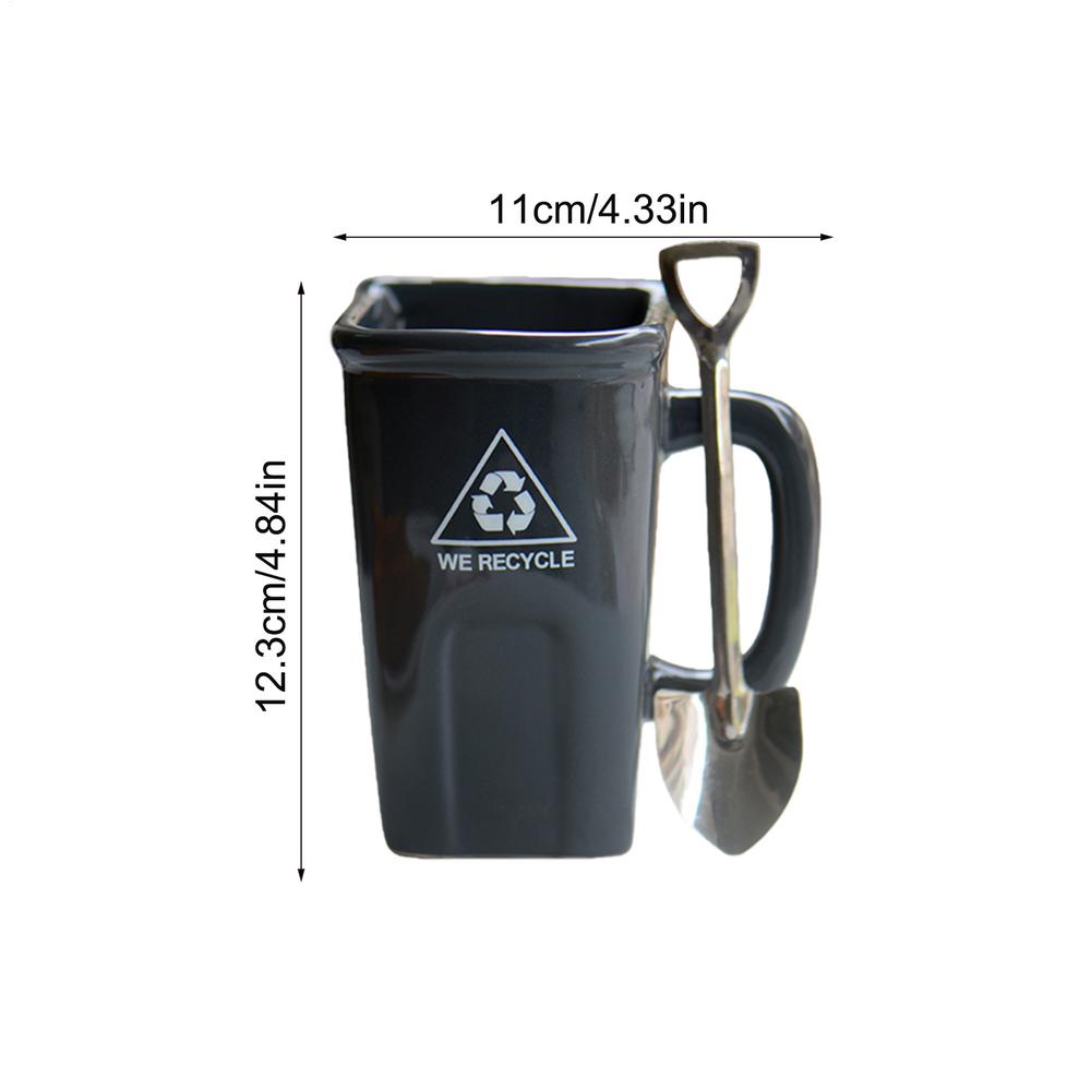 Funny Trash Can Shaped Mug with shovel shaped spoon, Creative Ceramic Trash Can-shaped Coffee Mug, Breakfast Cup Microwave Safe as shown чёрный