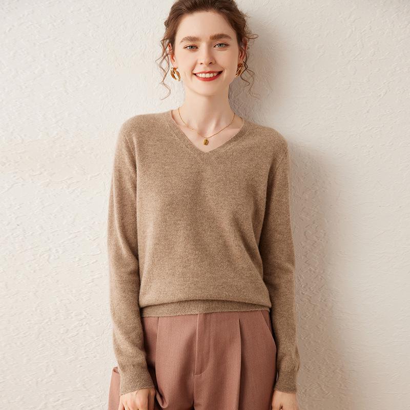 2025 Autumn/Winter Women's V-Neck Cashmere Sweater - Loose Fit, Thin Base Layer, Solid Color