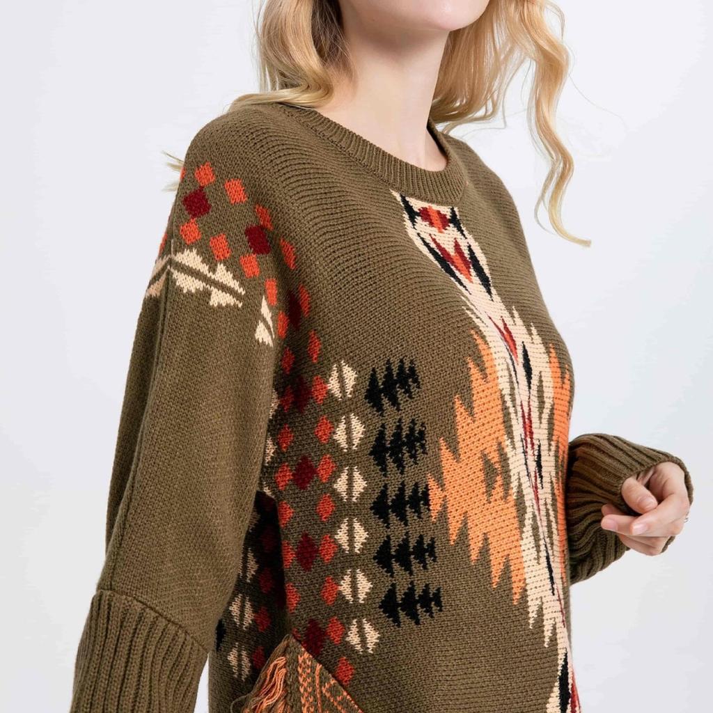 New Autumn and Winter Knitted Sweater, Color-blocking Sweater, Round-neck Pullover, Laid-back Long-sleeved Sweater for Women