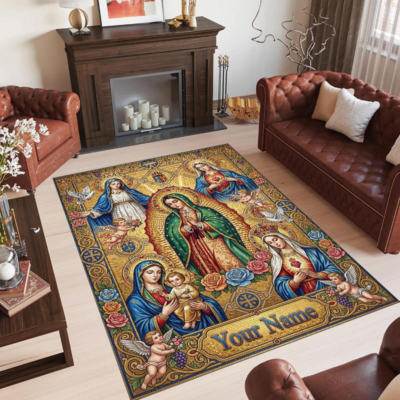Virgin Mary Theme Crystal Velvet Rug Personalized Custom Name Text Soft Floor Mat Home Decor