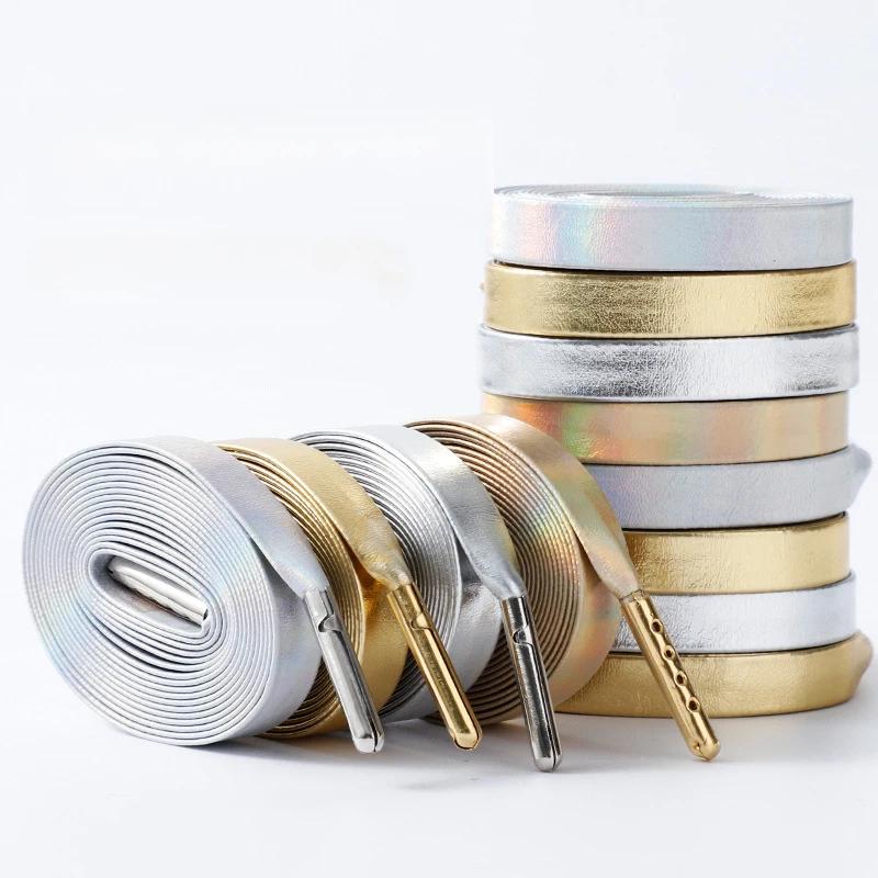 Luxury Gold Silver Laser Reflective Shoestrings Flat Leather PU Shoelaces Waterproof Quality Metal Head Shoe Laces Accessories