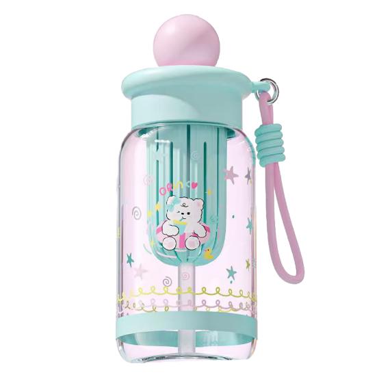 

500ML Large Capacity Cartoon Water Bottle with Straw Heat-Resistant Leakproof Transparent Portable Lightweight Outdoor Sports Travel Drinking синий
