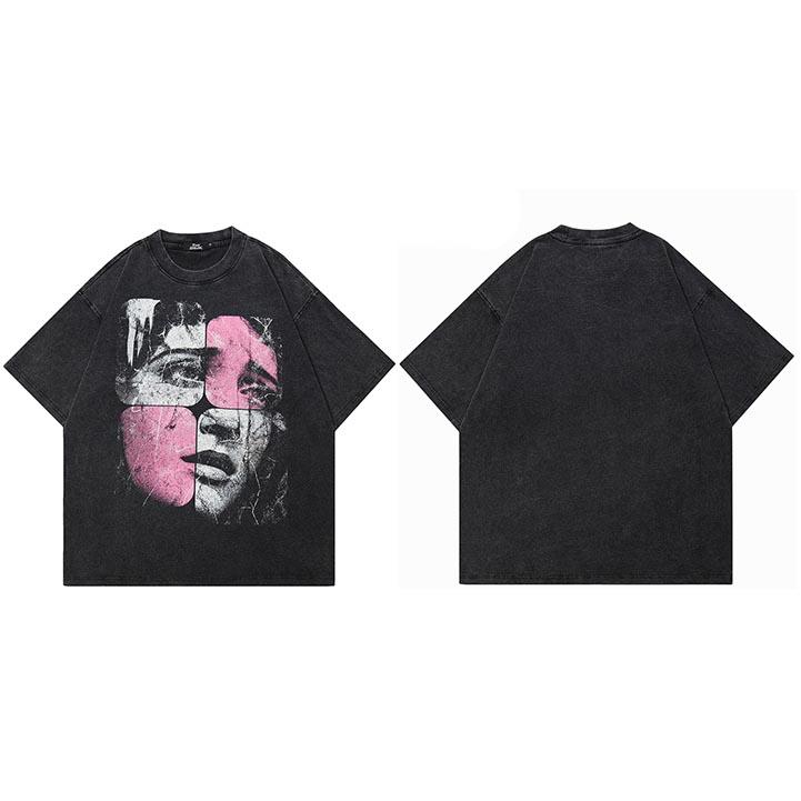 

Hip Hop Retro Streetwear Vintage Washed Black TShirt Puzzle Face Graphic Shirt Cotton Unisex Tshirt Men Tops Tees Hipster S
