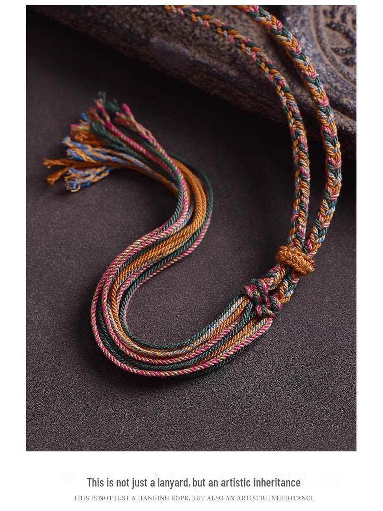 Tibetan Thangka Hand-Woven Cotton Necklace with Amber Amulet Pendant