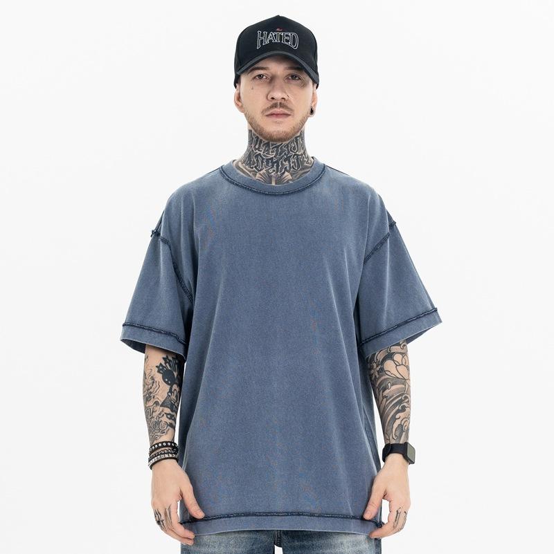 Men's Spring Summer Washed Top Loose Casual Solid Short Sleeve Crew Neck T-shirt