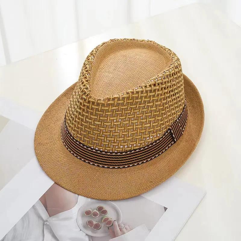 Men Wide Brim Braided Straw Sun Hat Panama Jazz Hat Summer UV Protection Breathable Mesh Beach Outdoor British Style Cowboy