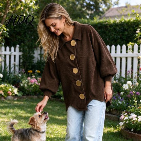 Laternenärmel Mantel Damen Cordjacke mit großen Metallknöpfen Lässig Damen für Herbst Winter Lockere Passform Oversized Kragen Oberbekleidung Knopfleiste