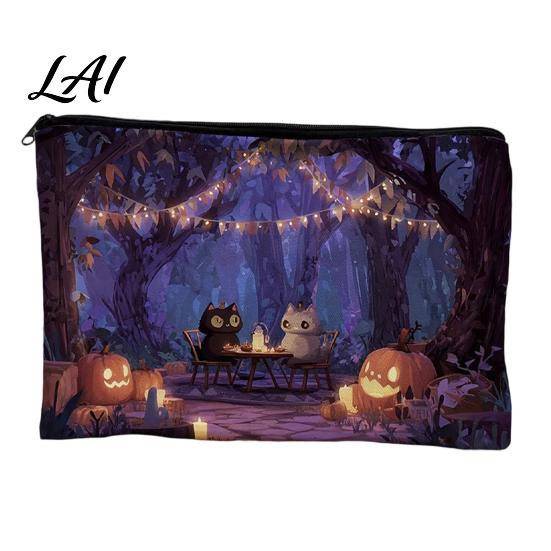 Smooth Zipper Bag Storage Bag with Zipper Thickened Polyester Large Capacity Colorful Printed Cosmetic Halloween Witch Pumpkin Pattern Pouch Durable A