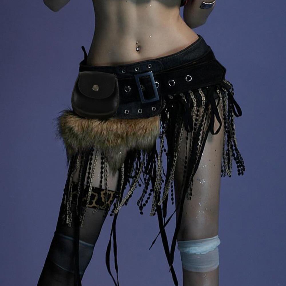 Zinc Zinc Alloy Hip-hop Belt Vintage PU Waist Bag Elegant Fur Tassels Waistband  Streetwear
