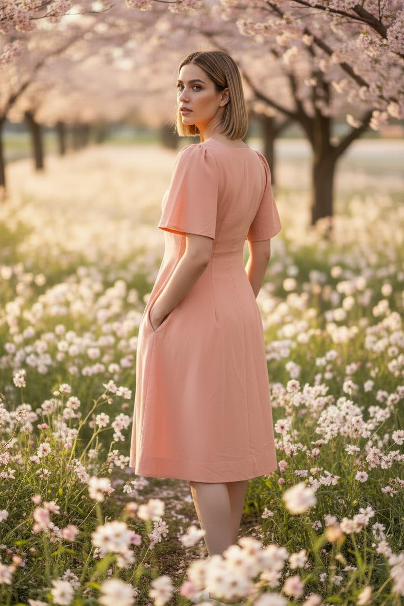 Square Neck A Line Dress in Monotone Solid Peach 34 персиковый