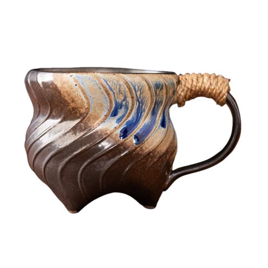 Handmade Ceramic Mug 320ml Vintage Tea Coffee Cup with Rattan Handle Creative Spiral Design Gradient Glaze Drinkware Home Decor Gifts