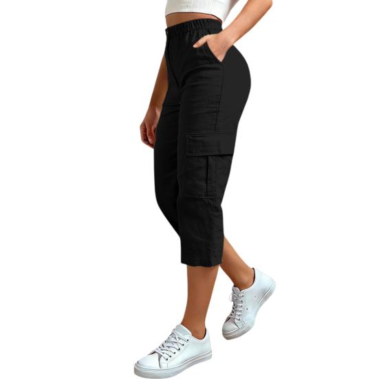 Women Cropped Pants Elastic High Leg Cargo Pants Waist Straight with Pockets Summer Casual Pants Versatile S чёрный