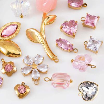 2pcs Gentle Pink Crystal Zircon Bead Stainless Steel Charms Rose Flower Heart Necklace Pendant Women DIY Earring Jewelry Making