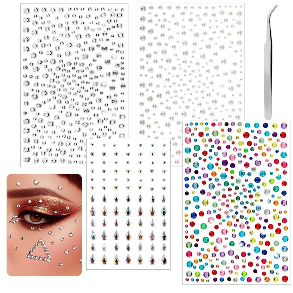 4PCS Rhinestones, Face Gems Pearl Stickers Kit Hair Gems Sticke Self-Adhesive Crystal Stickers for Makeup, Nail Art & Crafts | Shimmering Face Jewe