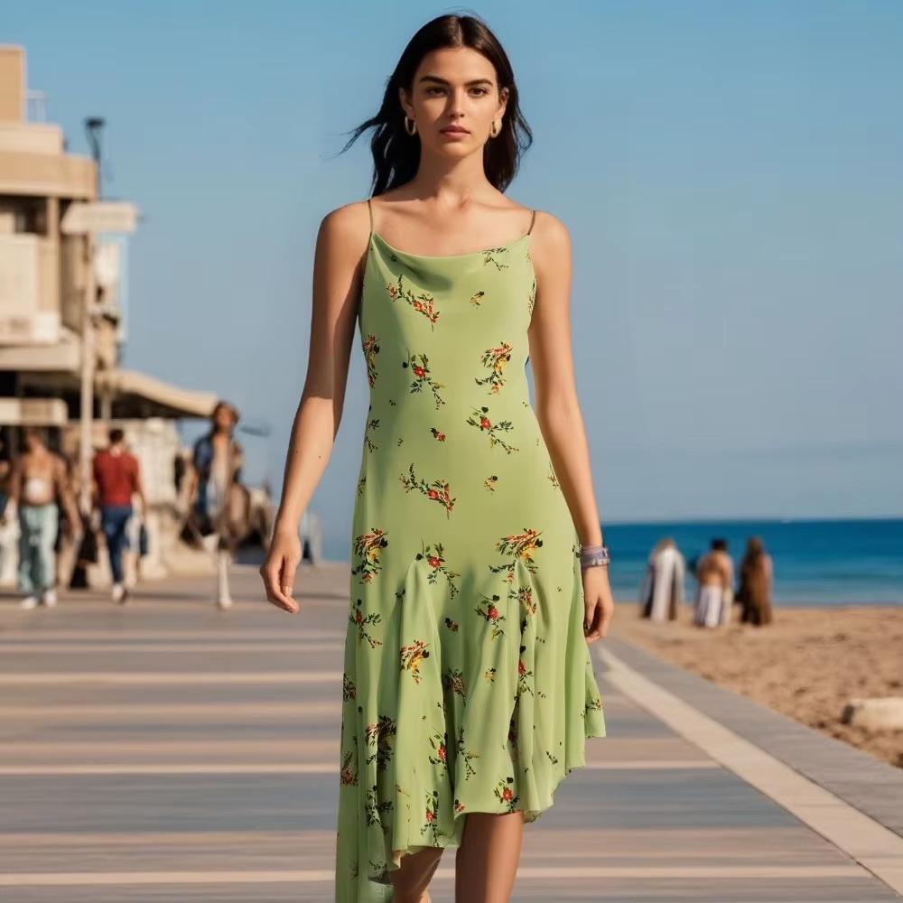 

2025 Floral Print Silk Mesh Midi Slip Dress for Women Medium