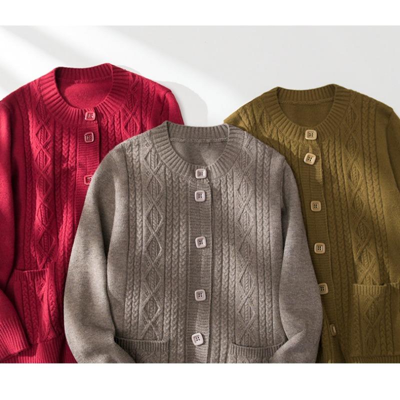 Fashionable Autumn Loose Knitted Cardigan Outer Sleeve Jacket for Middle-aged and Elderly Red Sweater for the Elderly