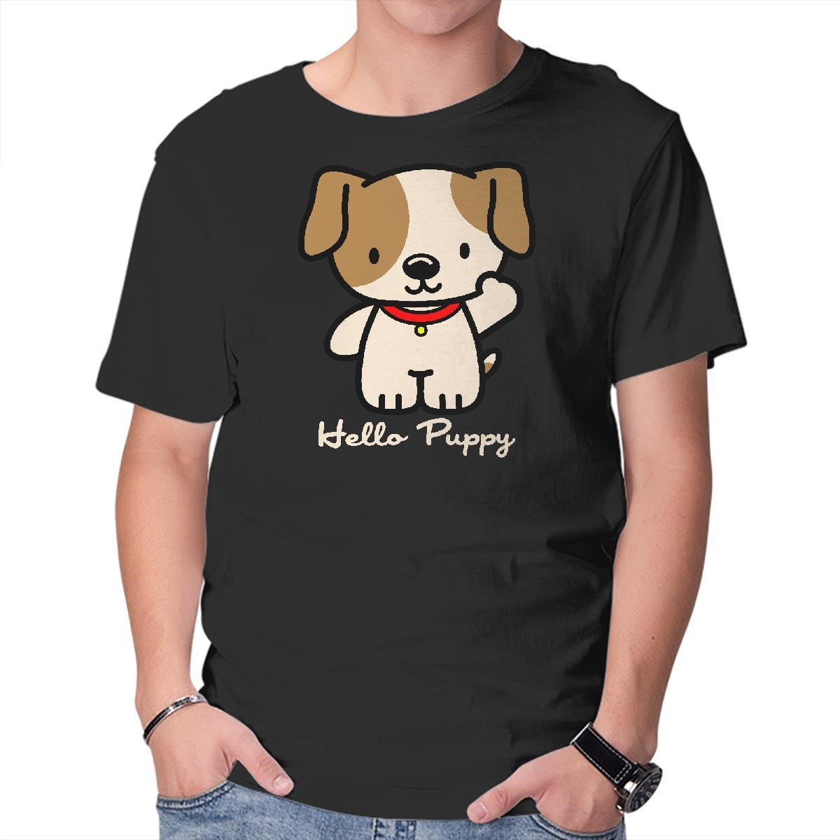 Unisex Crew Neck T-Shirt Hello Puppy Graphic Short Sleeve Casual Tee M