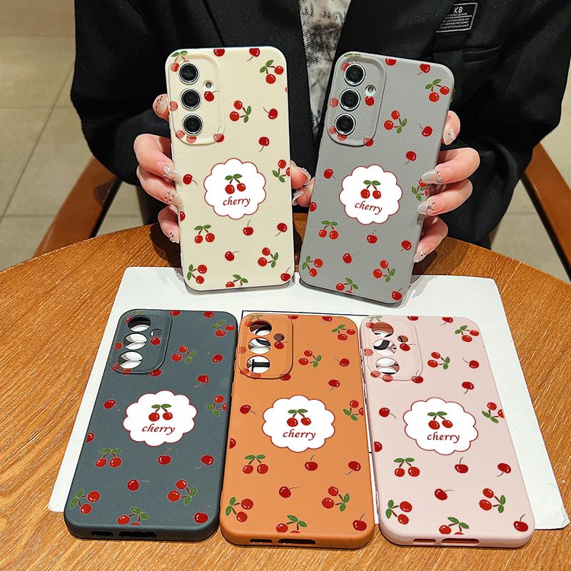 Cute Cherry Print Matte TPU Leather Texture Phone Case For Samsung S25 Ultra S24 FE S23 S22 S21 A56 A36 A16 A55 A35 A26 A15 Shockproof Soft Slim Cover