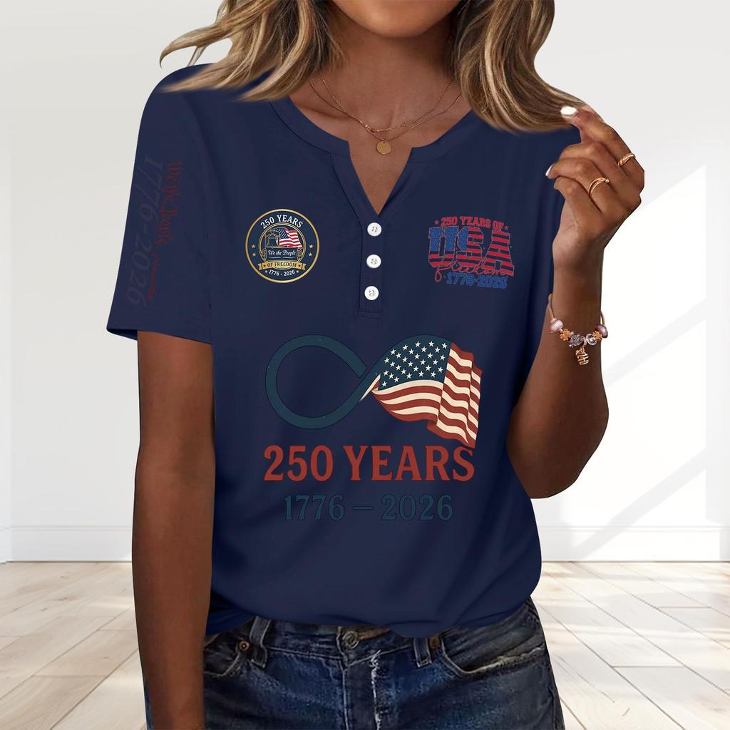 Women's Fashion Casual 250th Anniversary Independence Day Print V-Neck Short Sleeve Decorated Button-Up T-Shirt