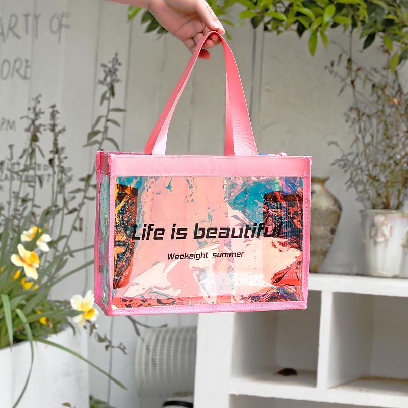 Laser Iridescent PVC Beach Tote - Transparent, Sealed Edge, Multi-Purpose Bag for Shopping, Gifts, and More