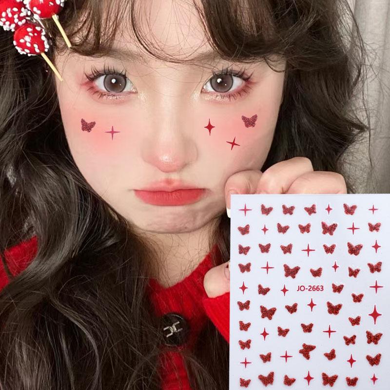 

Рождественские красные блестящие наклейки в виде сердечек и бабочек, самоклеящиеся, для лица и ногтей, для девочек