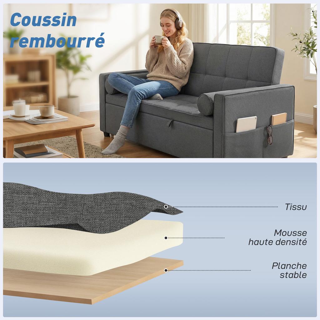 Convertible Sofa Bed, 2-Seater 3-in-1, Pull-Out Bed, 2 Cushions, 80.5 x 137.5 x 84 cm, Grey