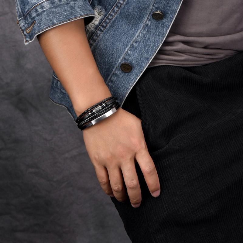 Stainless Steel Multi-Layer Braided Leather Bracelet Men With Magnetic Clasp Fashion Geometric Design