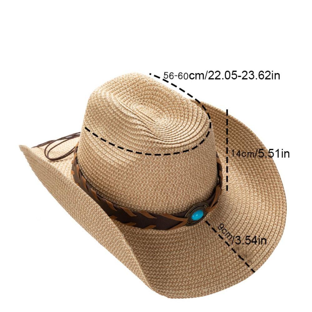 Adjustable Solid Color Western Cowboy Hat PU Leather Belt Sunscreen Cowgirl Hat Wide Brim Ethnic Style Straw Sun Hat Male