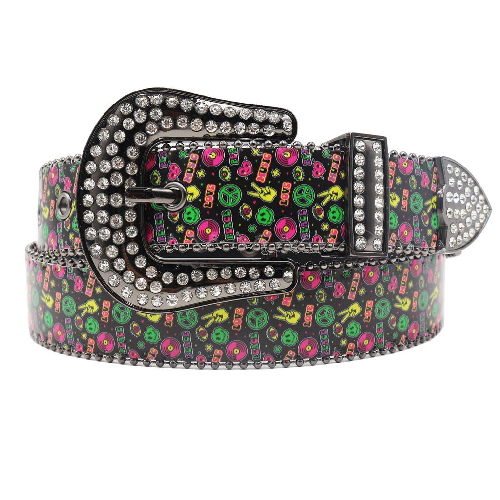Rhinestone Fluorescent Graffiti Hip Hop Korean Style Women's Belt