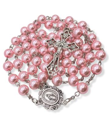 Nazareth Store Pink 8mm Pearl Bead Rosary Necklace Miracle Medal & Cross In Velvet Bag 20 Inch, Pearl