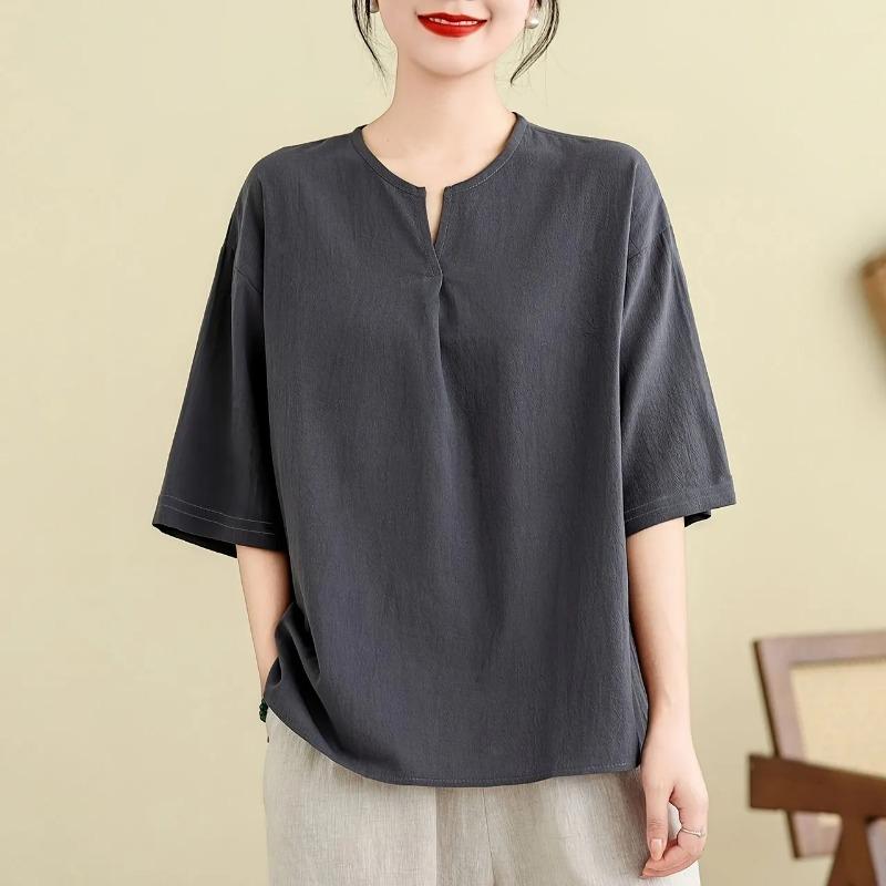 Womens Brown Cotton T Shirt Casual Small V Neck Drop Shoulder Loose Fit Blouse