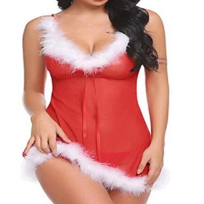 Heiß verkaufendes sexy Weihnachtsnachthemd mit weißem Pelzbesatz und Spitze
