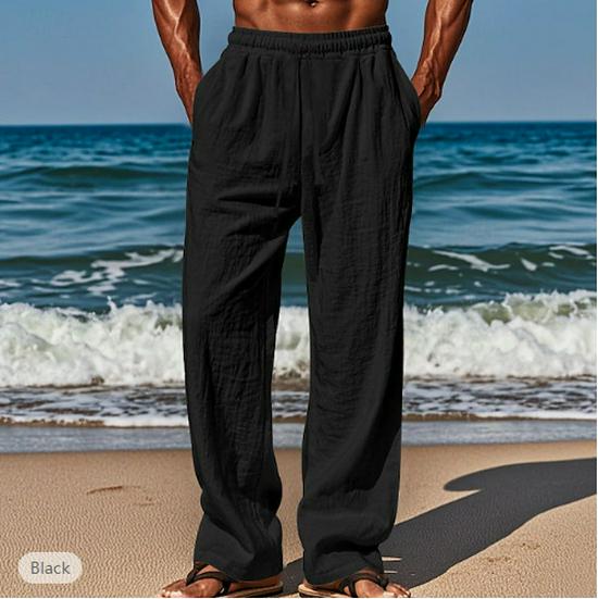 

2026 Hawaiian Summer Men s Casual Long Pants with Pockets, Drawstring, Elastic Waist, Solid Color, Comfortable & Breathable S чёрный