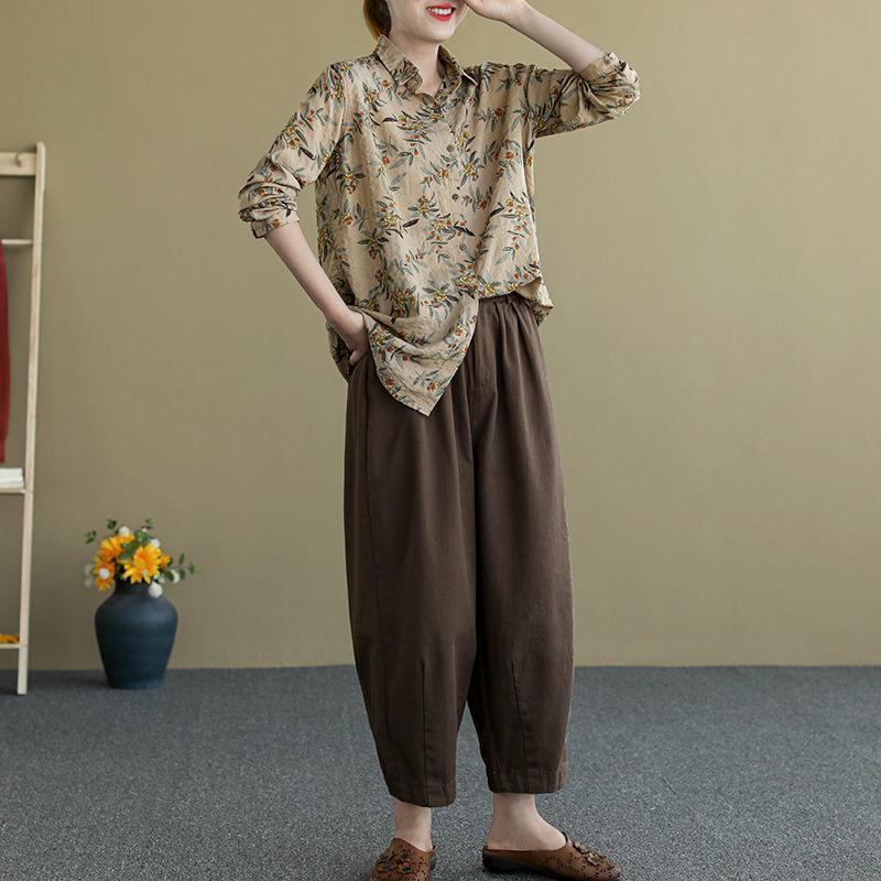 Retro Fashion Classic Korean Straight Loose Thin Printing Turn-down Collar Button Autumn Winter Women's Blouses
