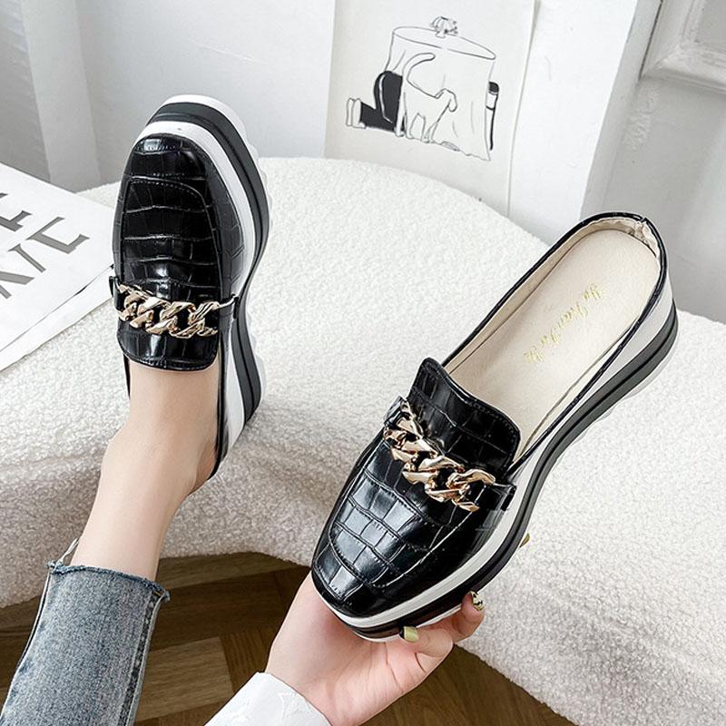 Women's Platform Mules Thick Soles Wedges Heel Fashion Slippers Casual British Leather Shoes 7cm High Heels Clogs Flatform Shoes
